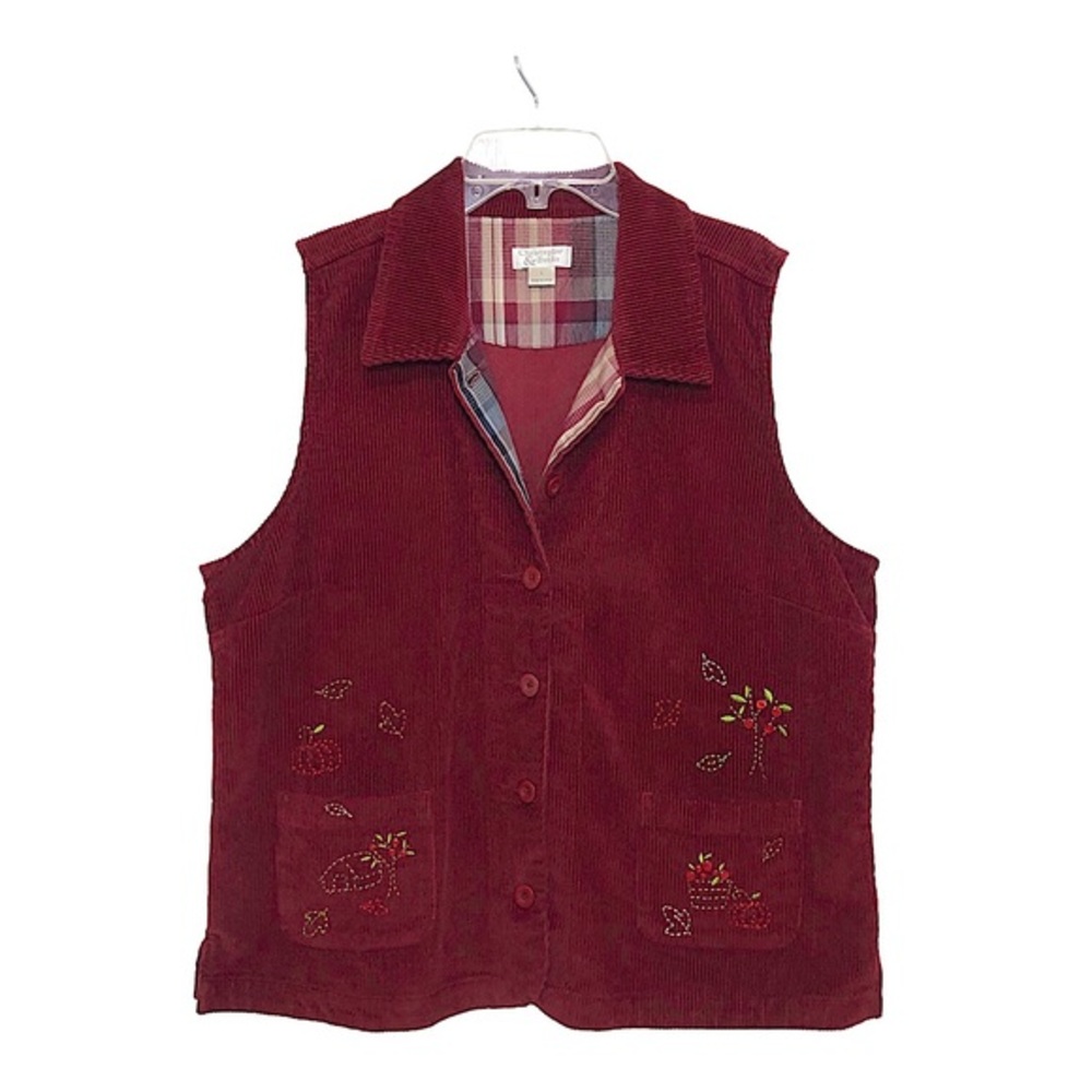 Christopher & Banks Vintage Collar Burgundy Corduroy embroidered Buttoned Vest L